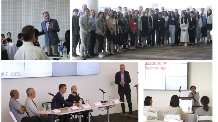 Collage of four images from the conference. On the top right, Edward Glaeser delivers a keynote address while walking between tables of symposium attendees, on the top right is a group image of many of the participants standing on the balcony of the MIT Media Lab, on the bottom left is an image of a panel of industry experts, and the bottom right is an image of Siqi Zheng