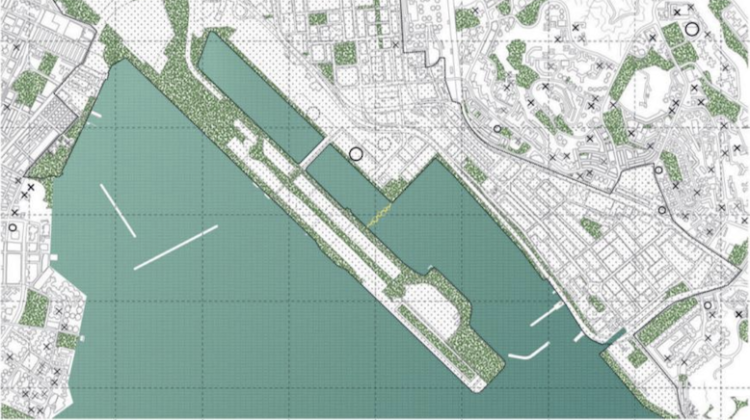 Rendered map of the areas around the Children's Hospital in Hong Kong. Shows a jetty into the water surrounded by dense urban areas on land.