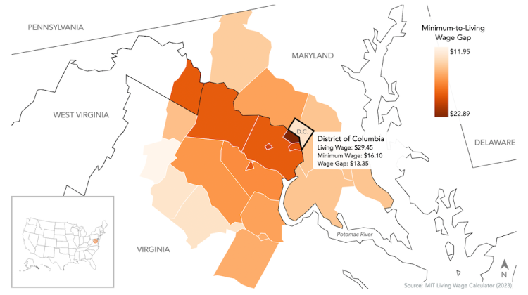 Figure 2: How does the minimum wage compare to the living wage for a family of four in the counties making up the D.C. metro area?  